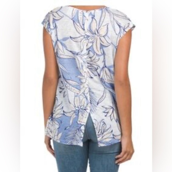 HALSTON 100% Linen Slub Knit Button back Tee Size XL Blue Floral Print - Picture 2 of 12
